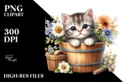 Cute Baby Cat in Wood Bucket PNG Product Image 2