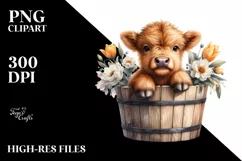 Cute Highland Cow in Flowers PNG Product Image 1