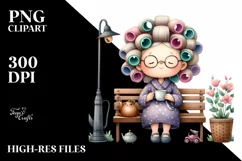 Old Lady Teacup Hair Curlers Bench | Clipart Product Image 1