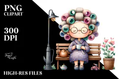 Old Lady Teacup Hair Curlers Bench | Clipart Product Image 2