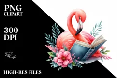 Reading Flamingo Watercolor Clipart Product Image 1