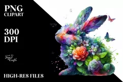 Abstract Bunny with Plant Leaves and 3D Flowers PNG Product Image 1