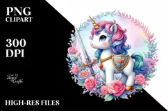Colorful Baby Unicorn with Shield and Sword PNG Product Image 1