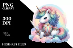 Colorful Baby Unicorn with Shield and Sword PNG Product Image 1