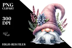 Watercolor Cute GNOME with Big Hat and Heather PNG Product Image 2