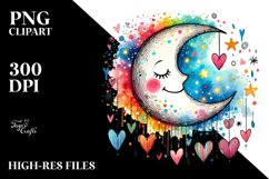 Smiling Scribbled Moon with Hearts Watercolor PNG Product Image 2