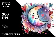 Smiling Scribbled Moon with Hearts Watercolor PNG Product Image 2