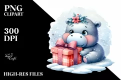 Cute Baby Hippo with Gift Box PNG Product Image 1