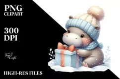 Cute Baby Hippo with Gift Box PNG Product Image 3