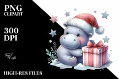 Cute Baby Hippo with Gift Box PNG Product Image 1