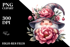 Watercolor Cute GNOME with Big Hat and Peonies PNG Product Image 2