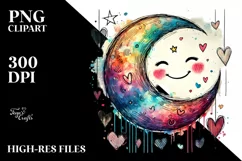 Smiling Moon with Hearts Watercolor PNG Product Image 2