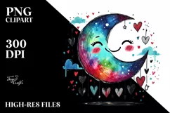 Smiling Moon with Hearts Watercolor PNG Product Image 2