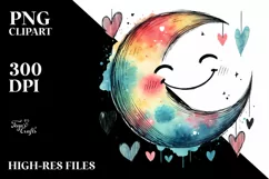 Smiling Moon with Hearts Watercolor PNG Product Image 2