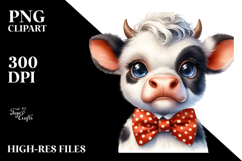 Funny Baby Cow with Bow Tie, Watercolor PNG Product Image 2