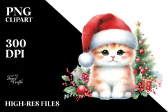 Watercolor Cat with Santa Hat, Transparent PNG Product Image 2