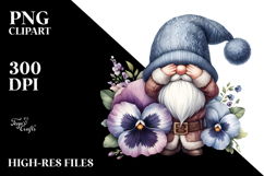 Watercolor Cute GNOME with Big Hat and Pansy PNG Product Image 2