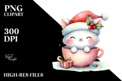 Cute Cat with Santa Hat in Cup PNG Product Image 2