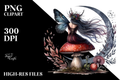 Gothic Fairy on Mushroom, Back View PNG Product Image 2
