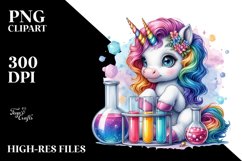 Baby Unicorn with Beaker and Test Tubes, Colorful PNG Product Image 1