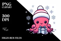 Cute Baby Octopus behind Gift Box PNG Product Image 3