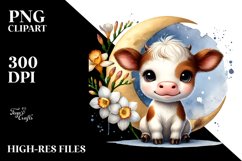 Cute Baby Cow on the Moon, Watercolor PNG Product Image 2
