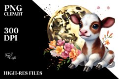 Cute Baby Cow on the Moon, Watercolor PNG Product Image 2