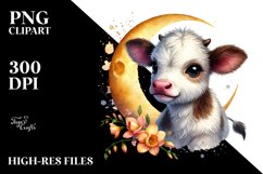 Cute Baby Cow on the Moon, Watercolor PNG Product Image 2