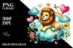Colorful Watercolor Lion on Cloud with Hearts PNG Product Image 2