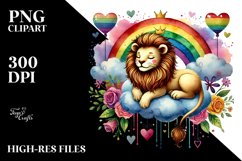 Colorful Watercolor Lion on Cloud with Hearts PNG Product Image 2