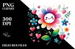 Smiling Washed Watercolor Flower with Hearts PNG Product Image 2