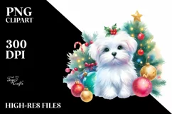 Watercolor Maltese with Vibrant Christmass Decorations PNG Product Image 1
