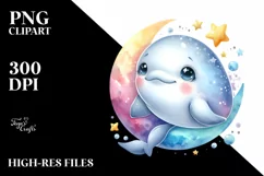 Colorful Baby Beluga Whale with Moon and Stars Clipart Product Image 1