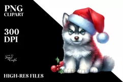 Watercolor Siberian Husky with Christmass Decorations PNG Product Image 1