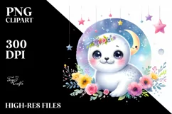 Cute Baby Ringed Seal with Moon, Transparent PNG Product Image 1