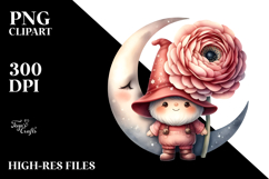 Watercolor Cute GNOME with Big Hat and Ranunculus PNG Product Image 2