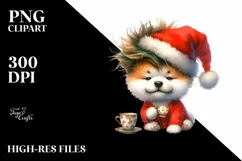 Enthusiastic Akita with Santa Hat and Tea Cup PNG Product Image 3