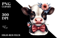 Happy Baby Cow with Bow and Flower PNG Product Image 2