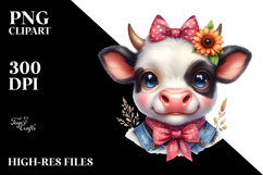 Happy Baby Cow with Bow and Flower PNG Product Image 2