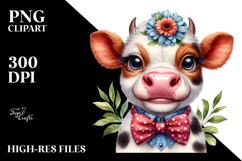 Happy Baby Cow with Bow and Flower PNG Product Image 2