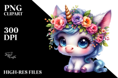 Cute Baby Unicorn, Floral Wreath PNG Product Image 2