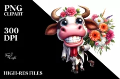 Watercolor Cow with Large Flower Bouquet Product Image 1