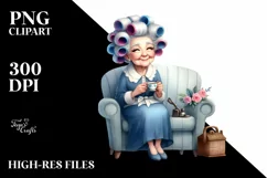 Old Lady Sitting on Couch with Hair Curlers | Clipart Product Image 3