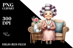 Old Lady Sitting on Couch with Hair Curlers | Clipart Product Image 3