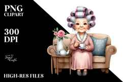 Old Lady Sitting on Couch with Hair Curlers | Clipart Product Image 2