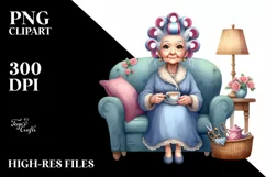 Old Lady Sitting on Couch with Hair Curlers | Clipart Product Image 1