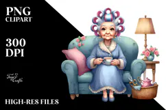 Old Lady Sitting on Couch with Hair Curlers | Clipart Product Image 2