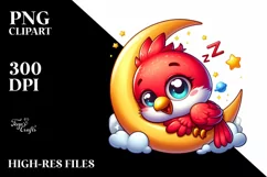 Colorful Baby Cardinal Napping on the Moon | Clipart Product Image 1