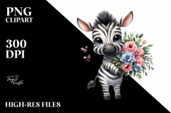 Cute Baby Zebra with Flower Bouquet | Sublimation | Clipart Product Image 1