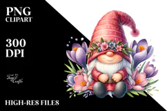 Watercolor Cute GNOME with Big Hat and Crocus PNG Product Image 2